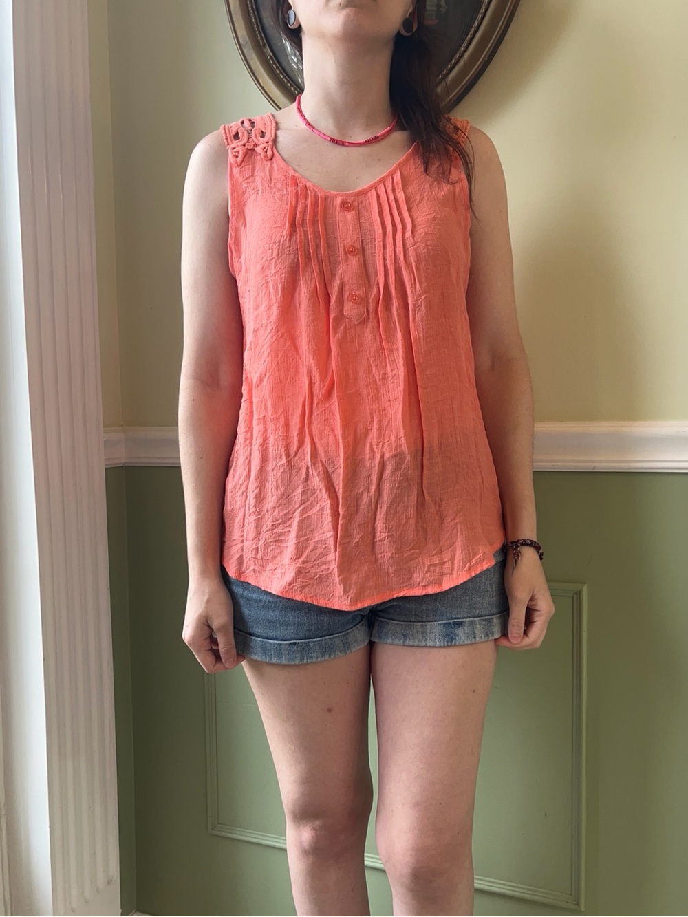Mine coral orange crochet criss cross button tank top